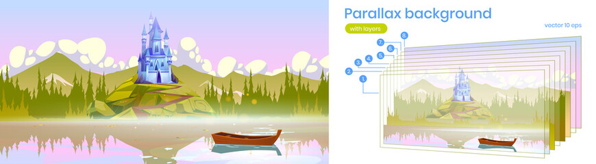 Fototapeta premium Parallax background for game magic castle on mountain top near the river with boat on water surface 2d nature landscape. Cartoon fantasy palace scenery view with separated layers, Vector illustration