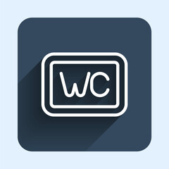 White line Toilet icon isolated with long shadow background. WC sign. Washroom. Blue square button. Vector