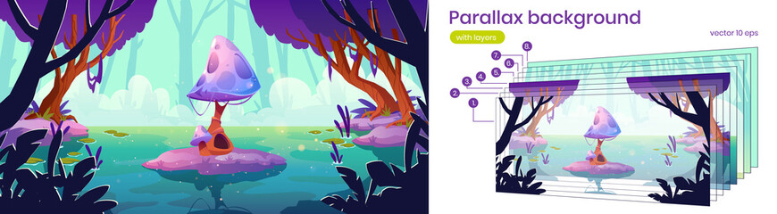 Fototapeta na wymiar Parallax background fantasy 2d landscape with huge mushroom in forest pond or swamp. Alien planet nature cartoon scenery view with separated layers, animation for game scene, Vector illustration