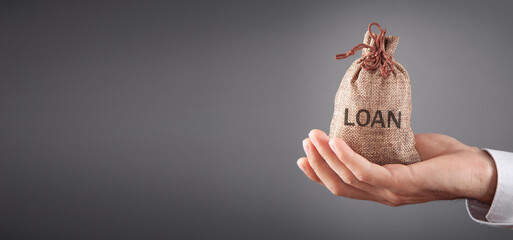 Caucasian man holding money bag. Loan