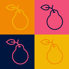 Pop art line Pear icon isolated on color background. Fruit with leaf symbol. Vector