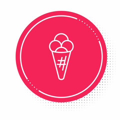 White line Ice cream in waffle cone icon isolated on white background. Sweet symbol. Red circle button. Vector