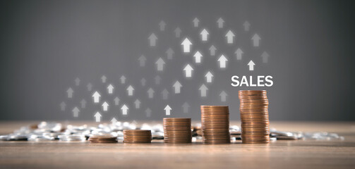 Stack of coins with a arrows. Sales Growth