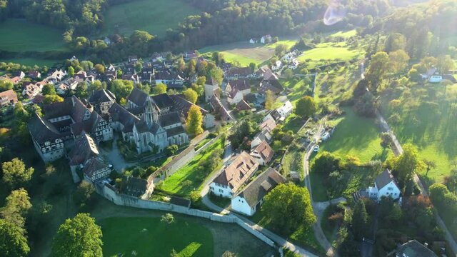 Aerial drone footage of circling over picturesque medieval village and monastery of Bebenhausen in Southern Germany