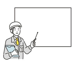 指示棒を持ってホワイトボードを指す作業員のベクターイラスト素材／コミュニケーション／現場監督／工事／リフォーム