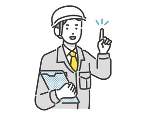 人差し指を立てて説明する作業員のベクターイラスト素材／コミュニケーション／現場監督／工事／リフォーム