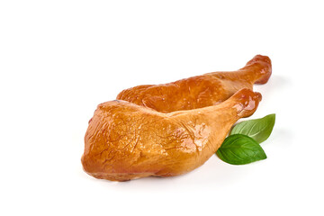 Smoked chicken quarters, isolated on white background.