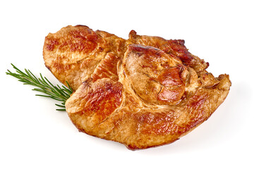 Grilled pork shoulder steak, isolated on white background.