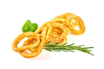 Fried squid or calamari rings, isolated on white background. High resolution image.