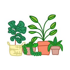 Indoor and outdoor landscape garden potted plants isolated on white. Vector set green plant in pot, illustration of flowerpot bloom. Pot plant set. Plant in pot minimal design on white background.