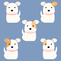 White dog. A dog with brown ears. A dog with brown eyes. Cute dog cartoon character. Vector illustration set of animals.