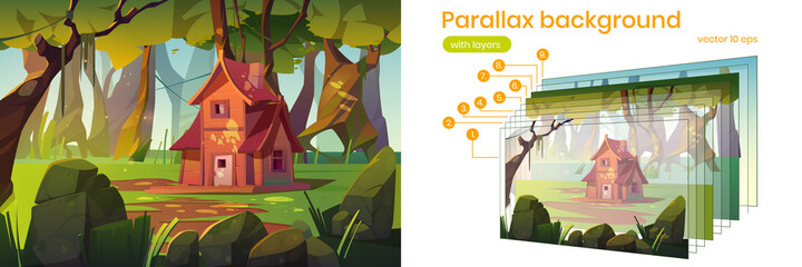 Parallax background wooden house in summer forest. Old shack in deep wood 2d nature landscape. Cartoon scenery view with forester or witch hut separated layers for game scene, Vector illustration - obrazy, fototapety, plakaty