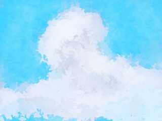 A bright blue sky with huge clouds floating. Watercolor painting, digital art. for the background.