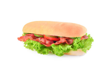 Bread, bacon, tomato, cucumber, lettuce isolated on white background.