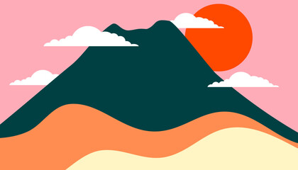 Green mountains. Pink sky with clouds and sun. Digital art painting. Vector illustration.