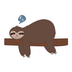 The brown slot machine is sleeping on a branch and has a blue text box with the letter Z. Cute cartoon character hand drawn vector illustration.