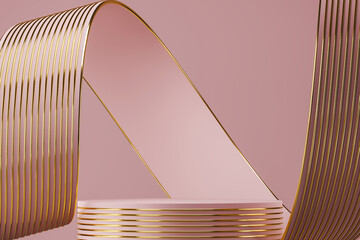 Pink podium on abstract soft background, pink ribbon and gold line texture bending around podium. minimal background for product presentation. 3d rendering
