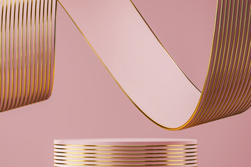Pink podium on abstract soft background, pink ribbon and gold line texture bending around podium. minimal background for product presentation. 3d rendering