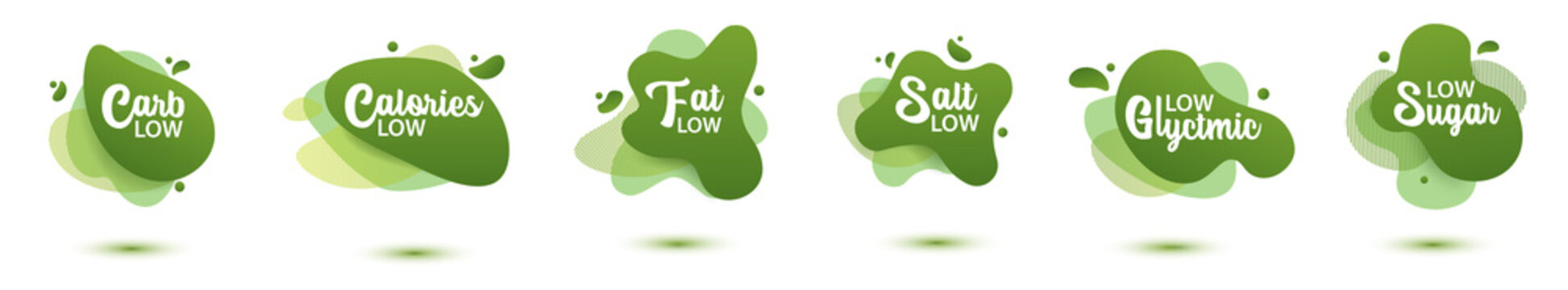 Sticker low badge. Set, green amoeba design of sticker for diet menu, poster, flyer, food packaging.