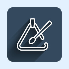 White line Triangle musical instrument icon isolated with long shadow background. Blue square button. Vector