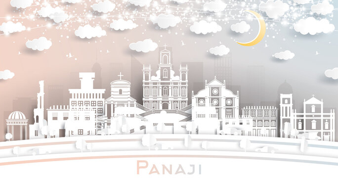 Panaji India City Skyline in Paper Cut Style with White Buildings, Moon and Neon Garland.