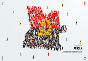 Angola Map and Flag. A large group of people in the Angola flag color form to create the map. Vector Illustration.