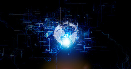 電波イメージ背景のサイバー空間に浮かぶ地球のグラフィックス