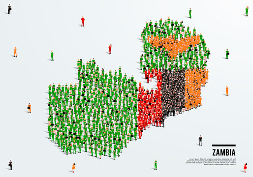 Zambia Map and Flag. A large group of people in the Zambia flag color form to create the map. Vector Illustration.