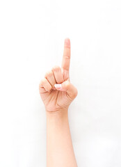 a hand gesture showing an index finger pointing up, meaning one or exclamation. collection of the sign language using hand gestures.