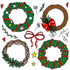 Christmas wreath set with winter floral elements. Season greeting card.
