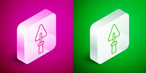 Isometric line Trowel icon isolated on pink and green background. Silver square button. Vector