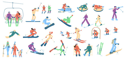 Adult and child skiers, snowboarders and tubing people - obrazy, fototapety, plakaty