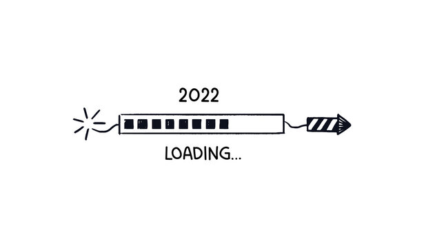 2022 rocket loading bar. Doodle Download Bar Drawn Striped Firecracker 2022 is coming soon. Vector Hand-drawn sketch with quote isolated on white background.