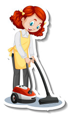 Cartoon character sticker with a house maid using vacuum cleaner