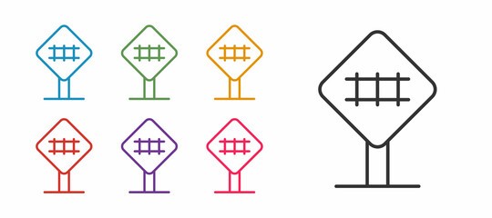 Set line Railroad crossing icon isolated on white background. Railway sign. Set icons colorful. Vector