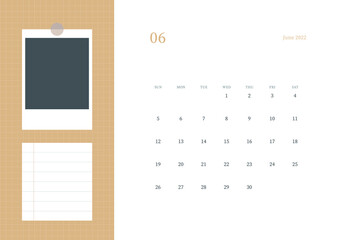 June 2022 simple design digital and printable calendar template illustration. Notes, scheduler, diary, calendar, memo, planner document template background. Photo frame, notepad and calendar set.