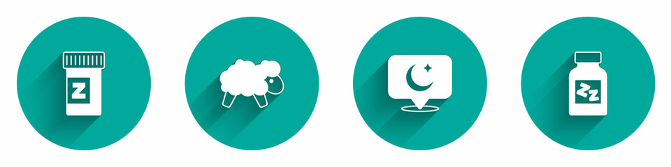 Set Sleeping pill, Sheep, Moon and stars and icon with long shadow. Vector