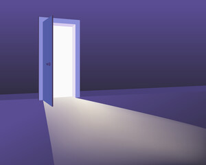 Open door in interior, discovery, ventures, oportunitites concept. Symbol new career, exit, new life. Vector illustration