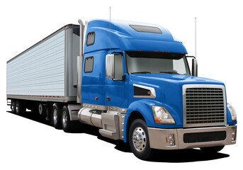 Modern truck with a semi-trailer and a blue cab. Front side view isolated on white background.