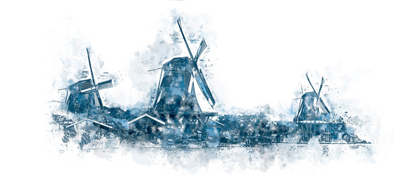 Art  of windmills in the style of the popular Delft blue painting. Popular painting of Holland. Art image on a white background. Holland, Europe.