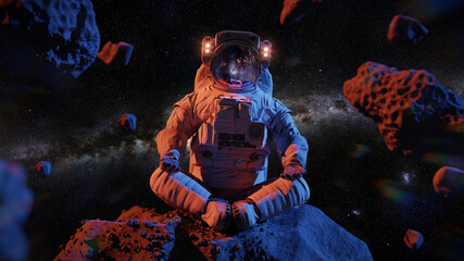 astronaut meditating on asteroid 