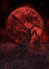 3D Creepy skulls tree and full moon