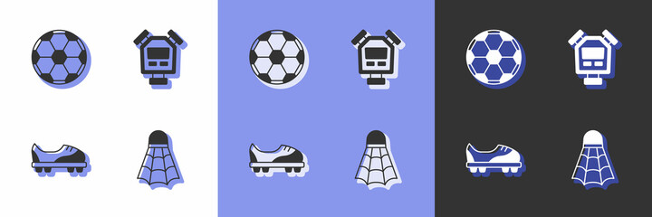 Set Badminton shuttlecock, Soccer football ball, Football shoes and Stopwatch icon. Vector