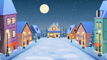 winter city street in cartoon