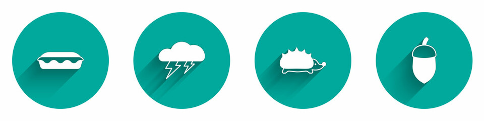 Set Homemade pie, Cloud and lightning, Hedgehog and Acorn icon with long shadow. Vector