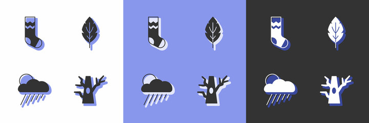 Set Bare tree, Socks, Cloud with rain and sun and Leaf icon. Vector