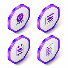Set Isometric Web camera, Online education, and quiz, test, survey icon. Purple hexagon button. Vector