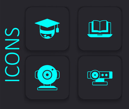 Set Web camera, Graduation cap on globe, Online class and icon. Black square button. Vector