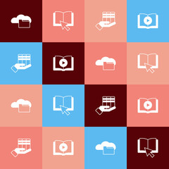 Set pop art Cloud or online library, Online book, Book donation and Audio icon. Vector