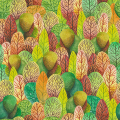 Forest seamless pattern. The green forest ornament with the colorful trees.